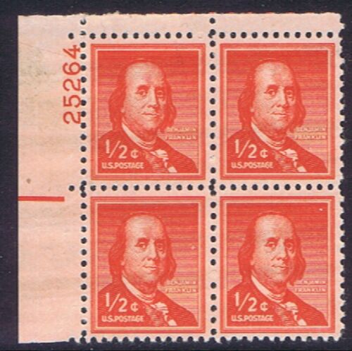 1954-68 Ben Franklin Plate Block of 4 Half Cent Postage Stamps - Scott 1030 - MNH, OG - CX564