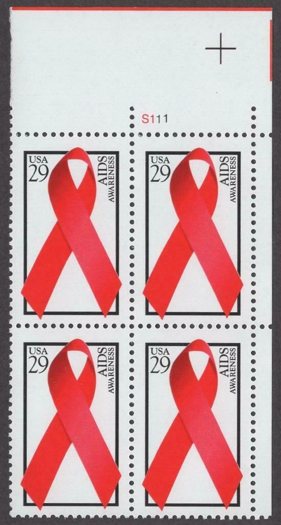 1993 Aids Awareness Plate Block of 4 29c Postage Stamps - MNH, OG - Scott 2806