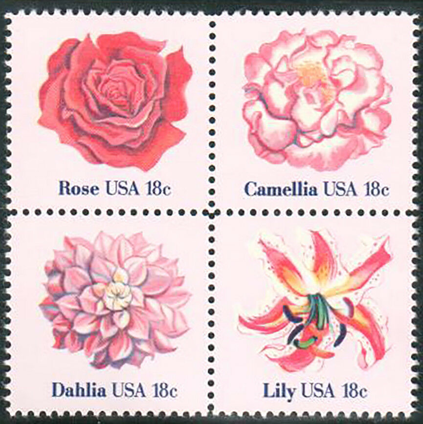 1981 Flowers Rose, Camellia, Dahlia, Lily Block of 4 18c Postage Stamp –  Vegas Stamps & Hobbies