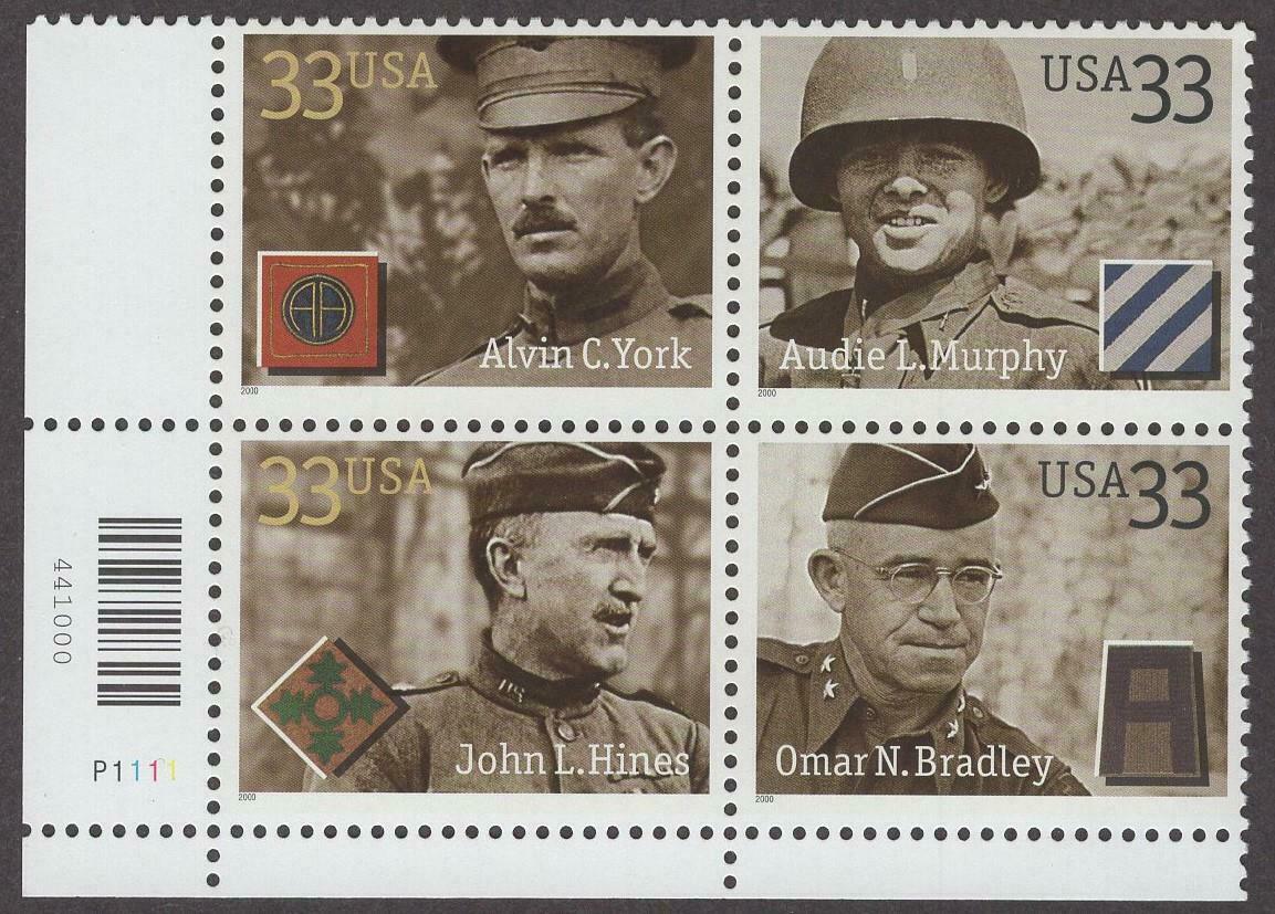 2000 Distinguished Soldiers Plate Block of 4 33c Postage Stamps - MNH, OG - Scott3393 - 3396