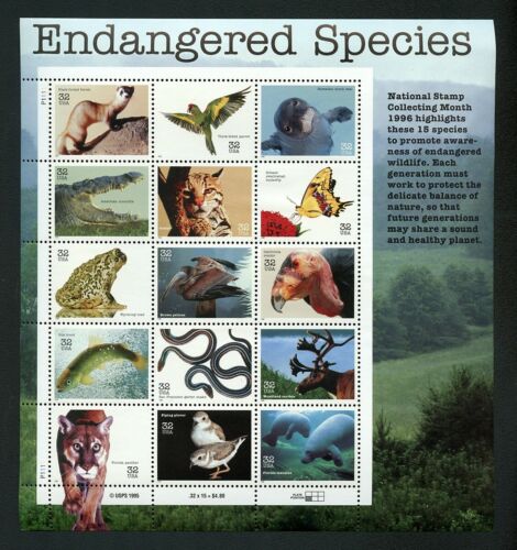 1996 Endangered Species Stamp Sheet Of 15 32c Postage Stamps - MNH, OG, Scott 3105 - (CW75)