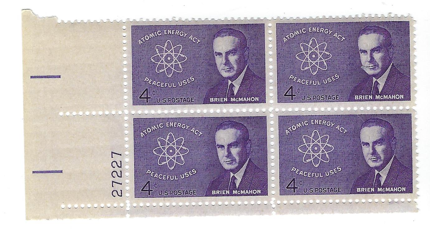 1962 Atomic Energy Brien McMahon Plate Block Of 4 4c Postage Stamps - MNH, OG - Scott 1200`- CX204