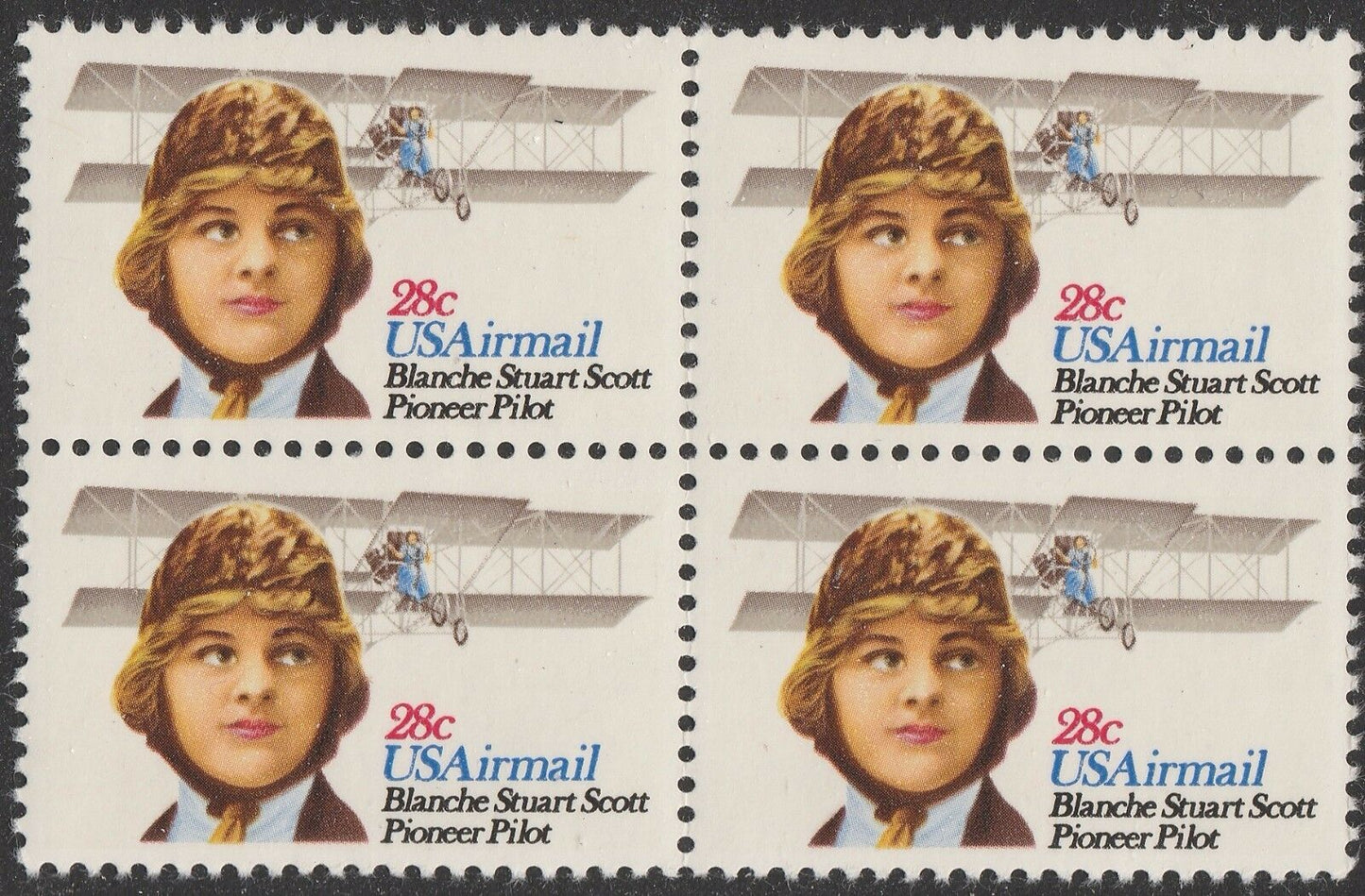 1980 Blanche Stuart Scott, Pioneer Pilot Block of 4 28c Airmail Postage Stamps - MNH, OG - Scott C99