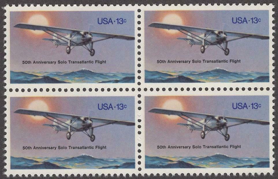 1977 Charles Lindbergh Solo Transatlantic Flight Block of 4 13c Postage Stamps - MNH, OG - Scott 1710