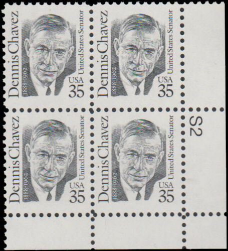 1991 Dennis Chavez Plate Block of 4 35c Postage Stamps - MNH, OG - Scott 2186