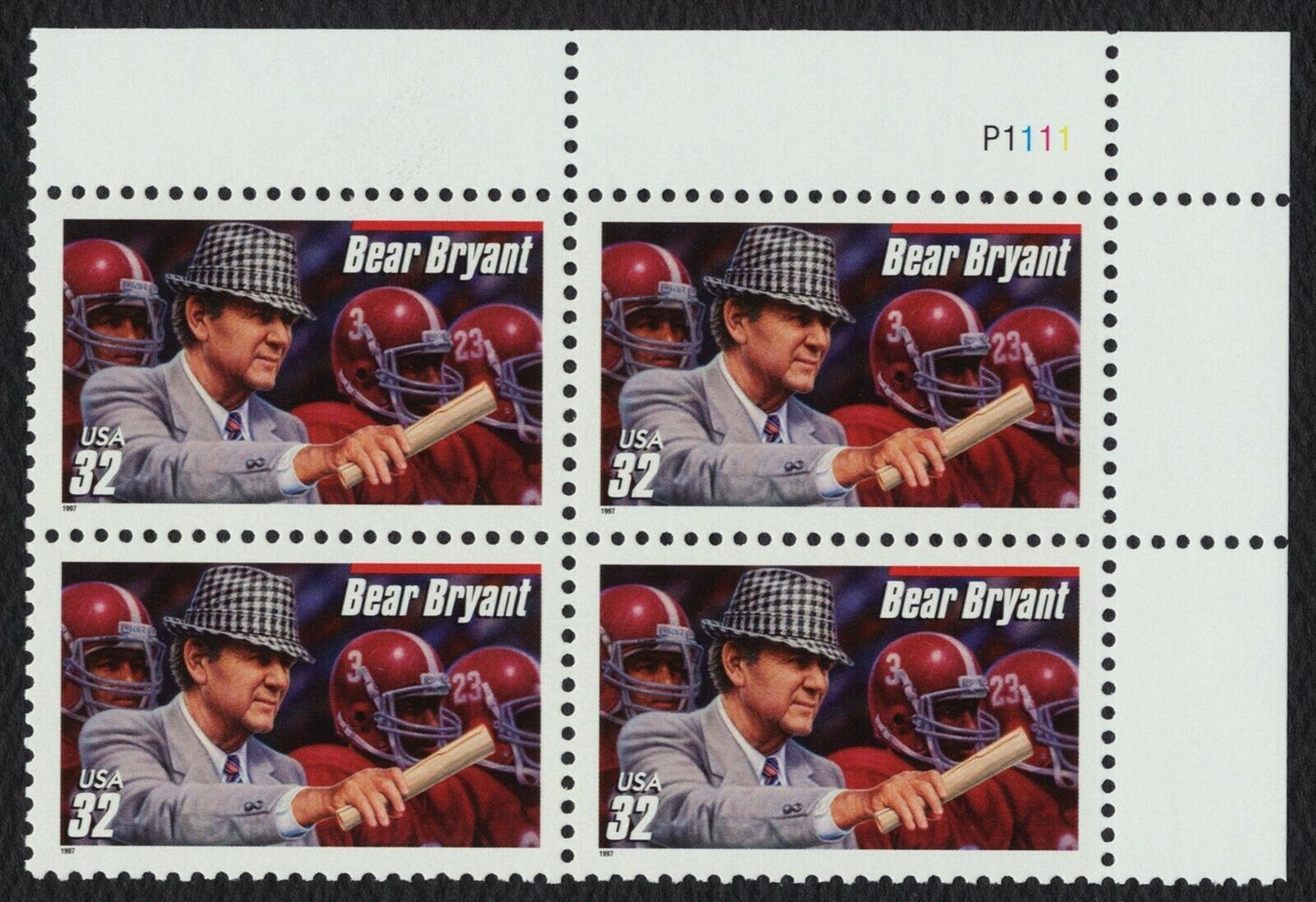 1997 Bear Bryant Football Coach Plate Block of 4 32c Postage Stamps - MNH, OG - Scott 3148