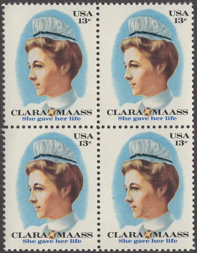 1976 Clara Maass Malaria Block Of 4 13c Postage Stamps Sc 1699