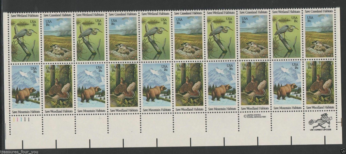 1981 Wildlife Habitat Preservation Plate Block Of 20 18c Postage Stamps Scott 1921-1924 - CW221a