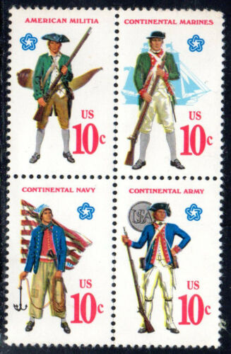 1975 Revolutionary Era Military Uniforms Block of 4 Postage Stamps - MNH, OG - Scott 1565-1568