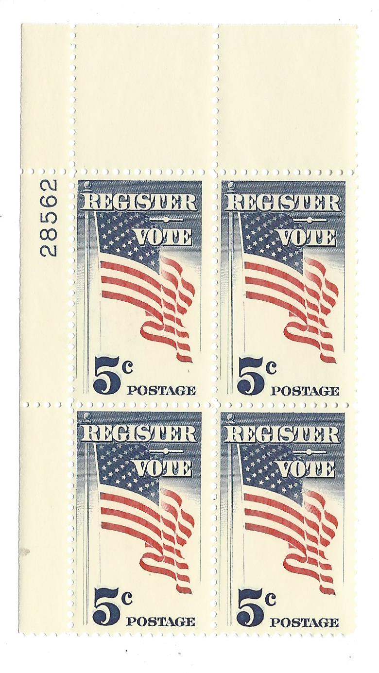 1964 Patriotic Register To Vote Plate Block Of 4 5c Postage Stamps - MNH, OG - Scott 1249 - CX222