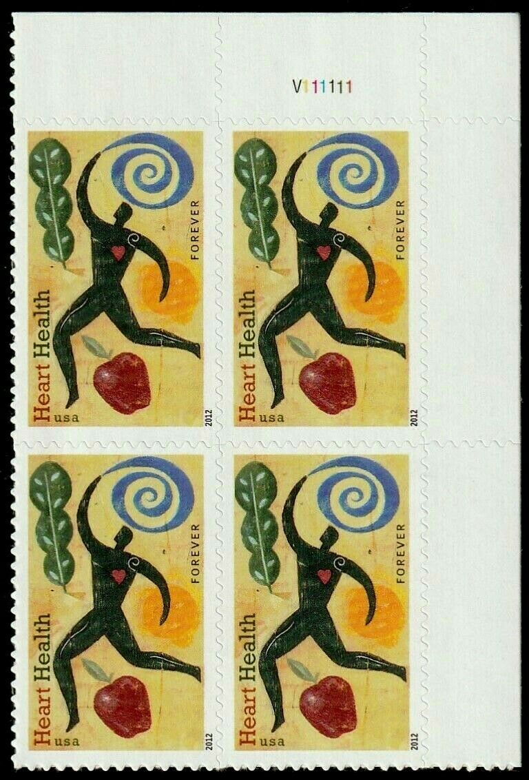 2012 Heart Health Plate Block of 4 45c Postage Stamps - MNH, OG - Scott 4625