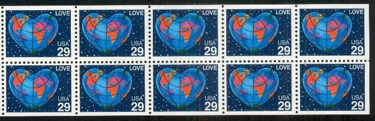 1991 Love/Globe Booklet Pane Of 10 29c Postage Stamps - Scott 2536 - MNH, OG - CX535