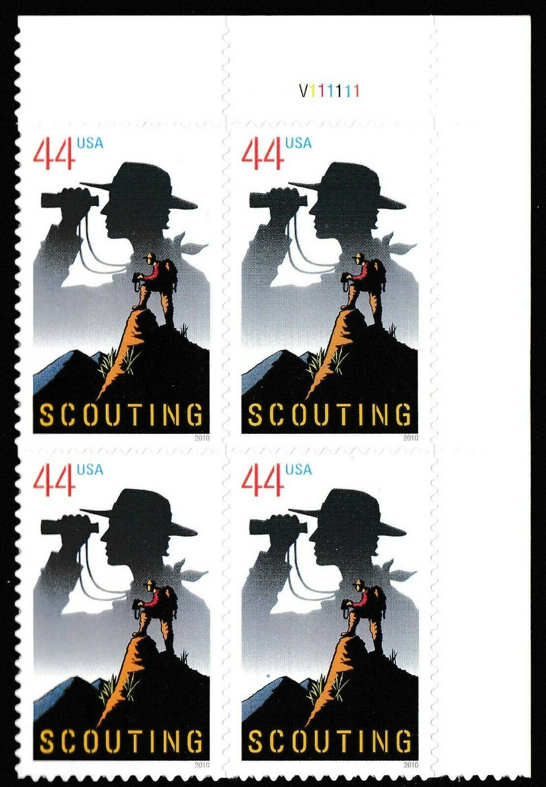2010 Boy Scouts of America Plate Block of 4 44c Postage Stamps - MNH, OG - Scott 4472