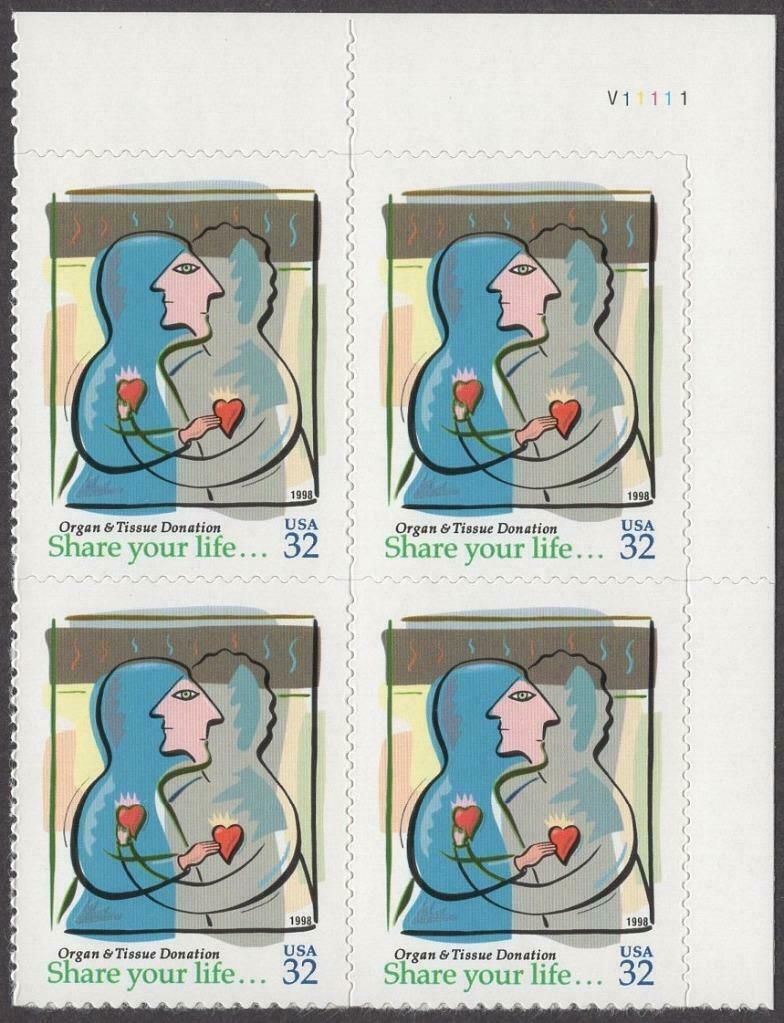 1998 Organ and Tissue Donation Plate Block of 4 32c Postage Stamps - MNH, OG - Scott 3227