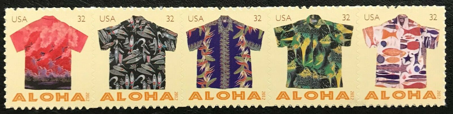 2012 Aloha Shirts Strip of 5 32c Postage Stamps - MNH, OG - Scott 4592-4596