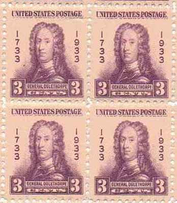 1932 General Oglethorpe Block of 4 3c Postage Stamps -Scott726 - MNH,OG