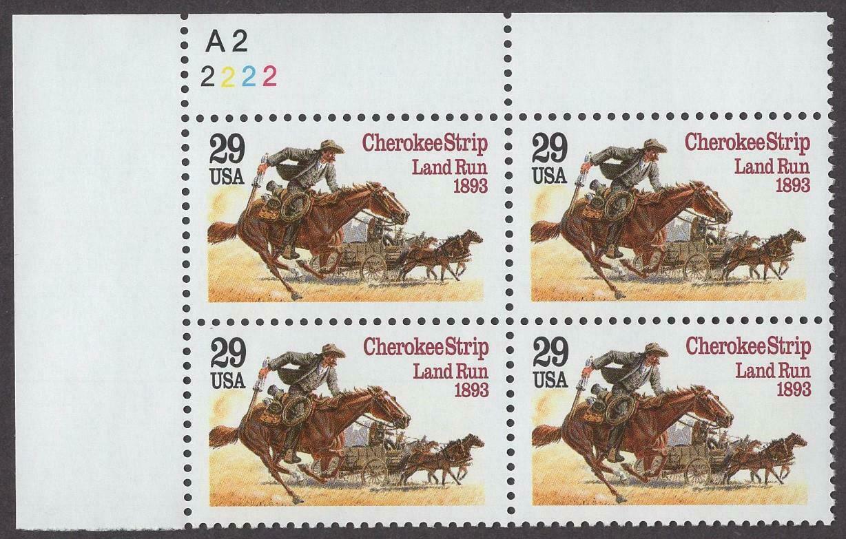 1993 Cherokee Strip Land Run Centennial Plate Block of 4 29c Postage Stamps - MNH, OG - Scott 2754