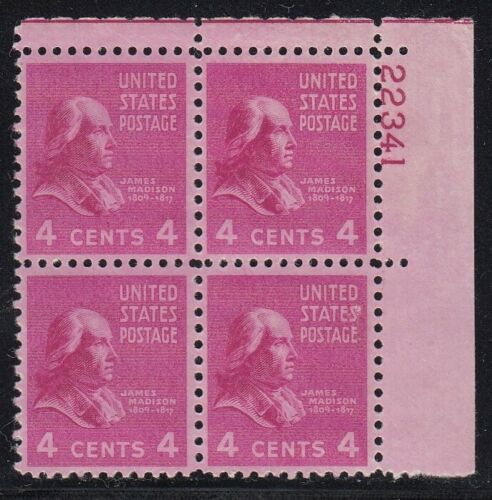 1938 President James Madison Plate Block of 4 4cPostage Stamps - Scott 808 - MNH,OG