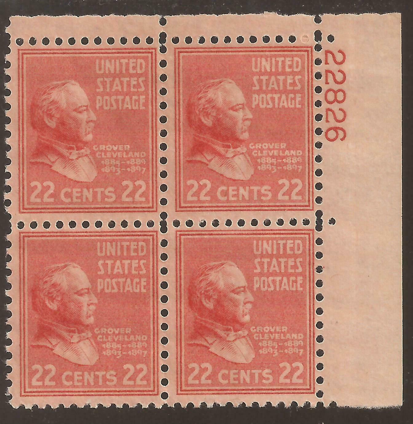1938 President Grover Cleveland Plate Block of 4 22c Postage Stamps - Scott 827 - MNH,OG