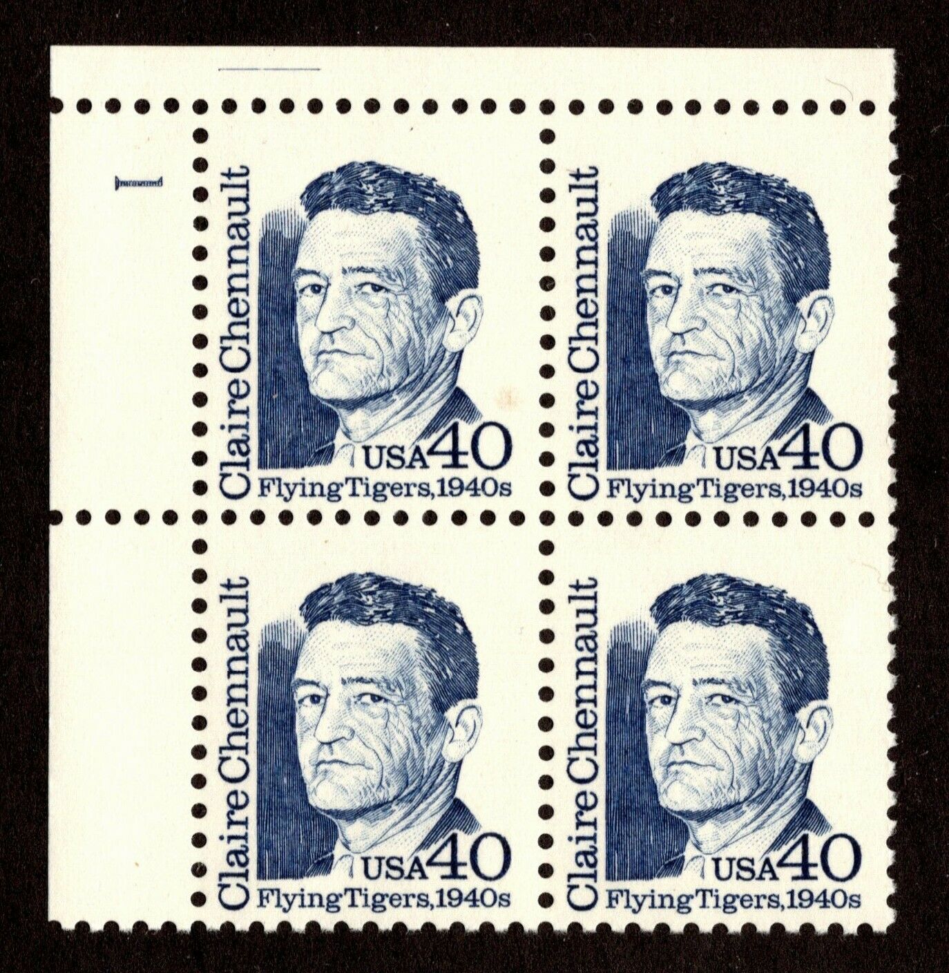 1990 Claire Chennault Flying Tigers Plate Block of 4 Postage Stamps - MNH, OG - Scott 2187