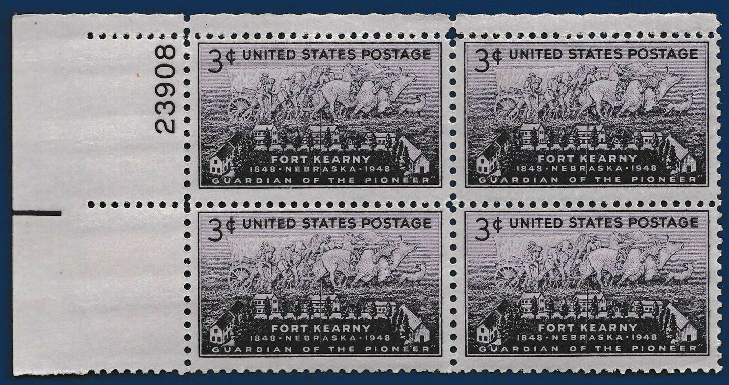 1948 Ft Kearny, Nebraska Plate Block of 4 Postage Stamps - MNH, OG - Scott 970