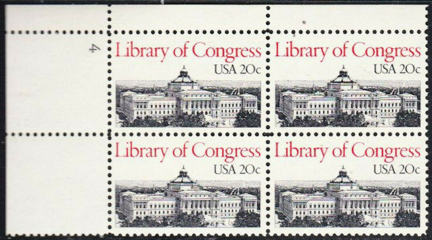 1982 Library Of Congress Plate Block Of 4 20c Postage Stamps Scott 2004 - MNH - CW463b