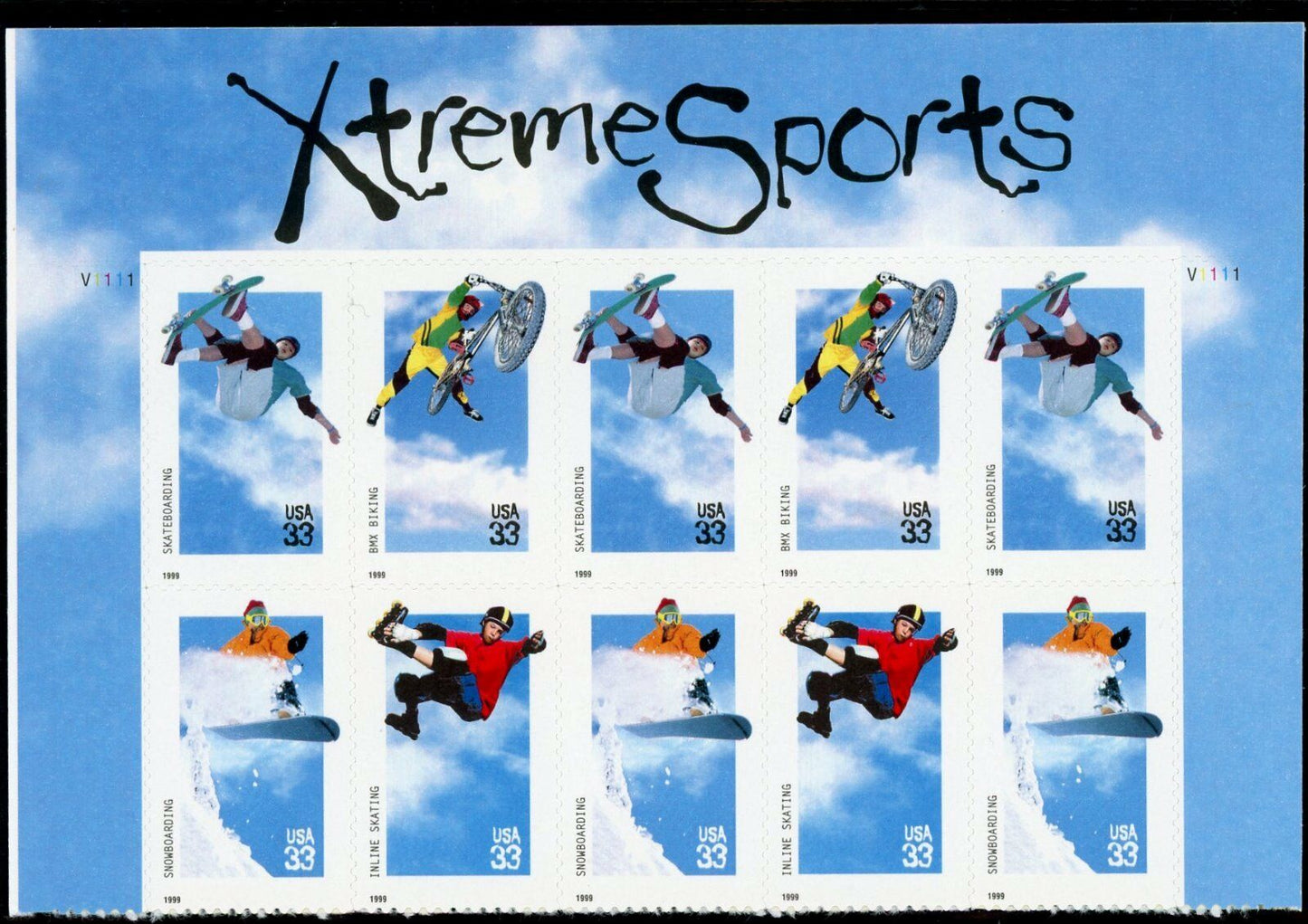 1999 Xtreme Sports Top Half Sheet of 33c Postage Stamps - Scott 3321-3324 - MNH, OG - CX25
