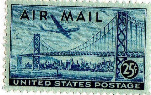 1947 Plane Over San Francisco-Oakland Bay Bridge Single 25c Airmail Postage Stamp, -Scott C36- MNH,OG