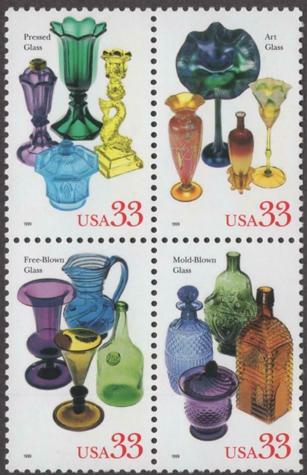1999 American Glass Block of 4 33c Postage Stamps - MNH, OG - Scott 3325- 3328