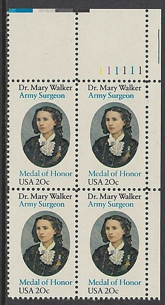 1982 Dr. Mary Walker, Army Surgeon Plate Block of 4 20c Postage Stamps - MNH, OG - Scott 2013