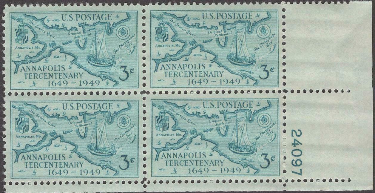 1949 Annapolis Anniversary Plate Block of 4 3c Postage Stamps - MNH, OG - Scott 984