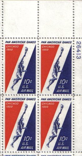 1959 PAN-AMERICAN GAMES #C56 Airmail Plate Block of 4 x 10 cents US Postage Stamps