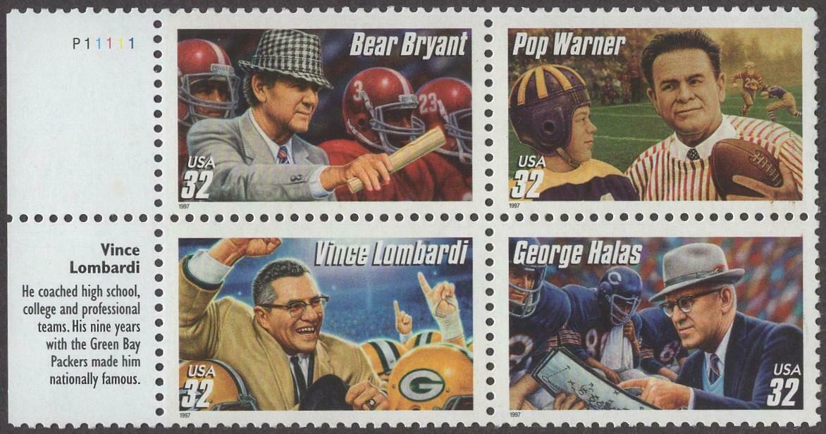 1997 Football Coaches Plate Block Of 4 32c Postage Stamps - MNH, OG - Scott 3143-3146 - CW229