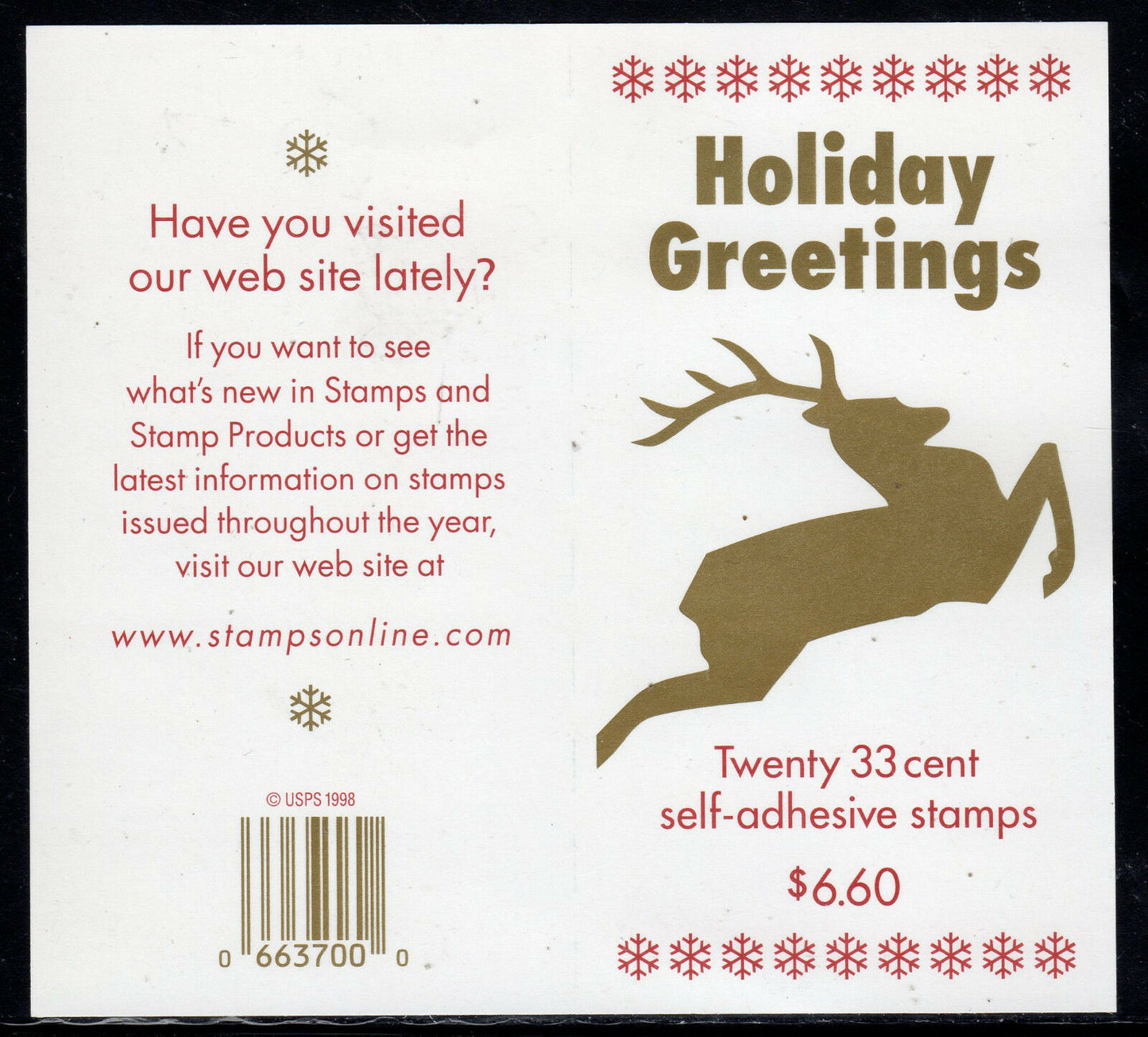 1999 Christmas Deer Booklet Of 20 33c US Postage Stamps - Scott 3363a - MNH, OG - CX22