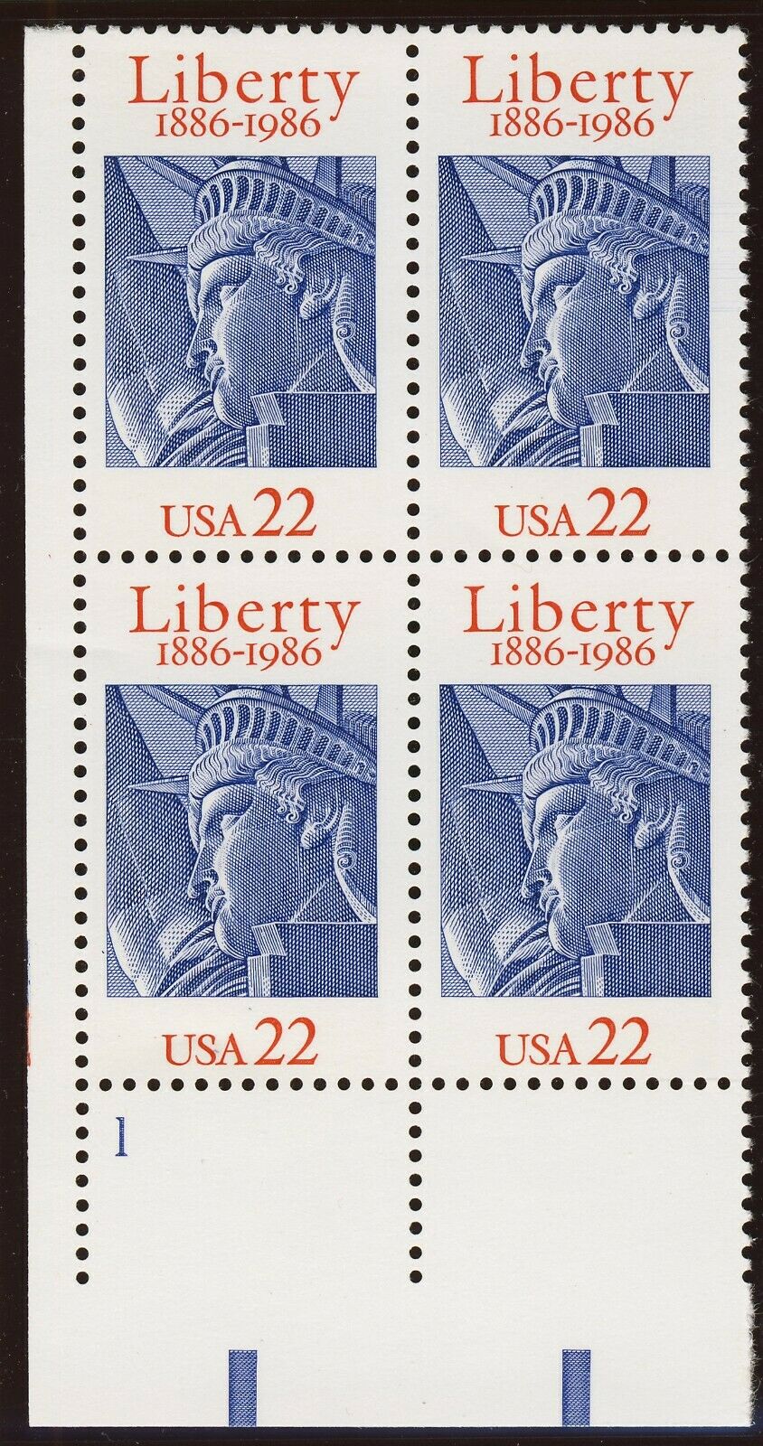 1986 Statue Of Liberty Plate Block Of 4 22c Postage Stamps - Scott 2224 - MNH, OG - CT80b