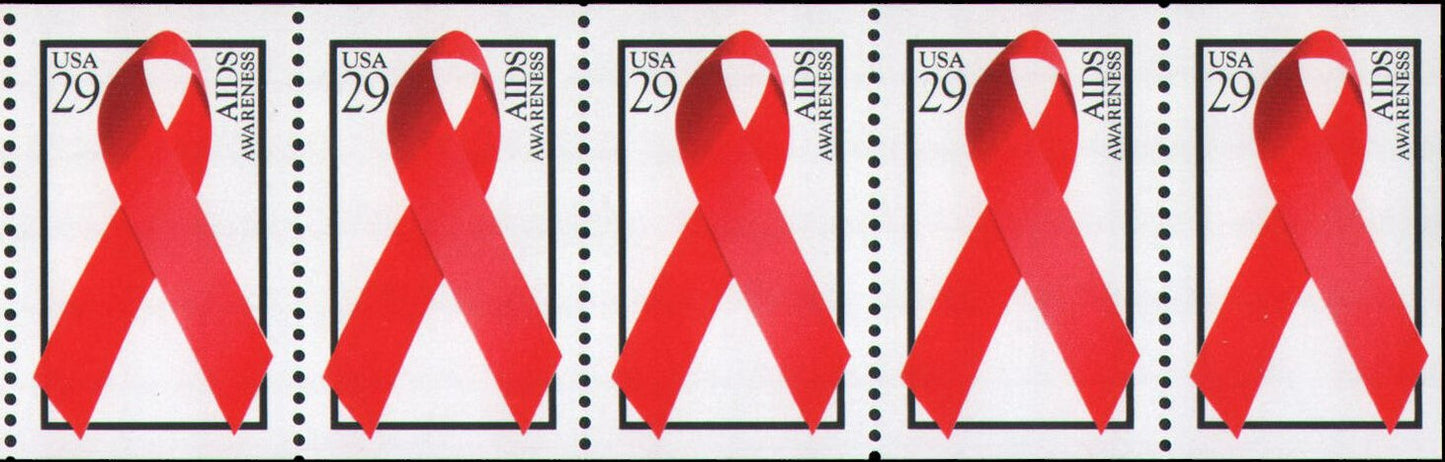 1993 AIDS Awareness Booklet Pane of 5 29c Postage Stamps - Scott 2806 - MNH, OG - CX641