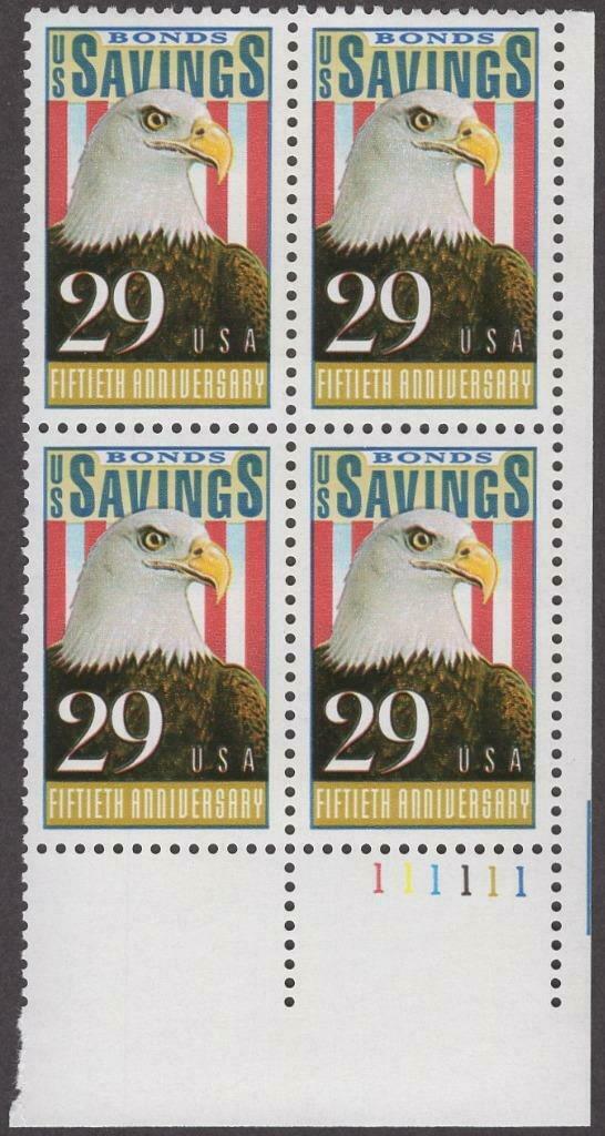 1991 Savings Bonds, 50th Anniv. Plate Block of 4 29c Postage Stamps - MNH, OG - Scott 2534