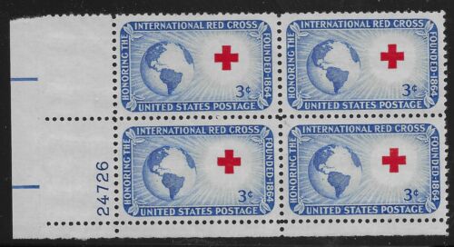 1952 International Red Cross Plate Block of 4 3c Postage Stamps - MNH, OG - Scott 1016