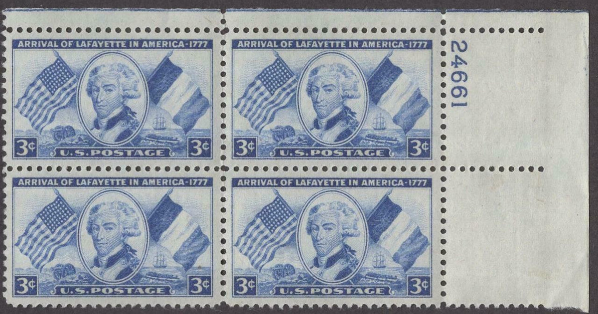 1952 Arrival Of Lafayette In USA Plate Block of 4 3c Postage Stamps