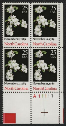 1989 North Carolina - Constitution Ratification Plate Block of 4 25c Postage Stamps - MNH, OG - Scott 2347