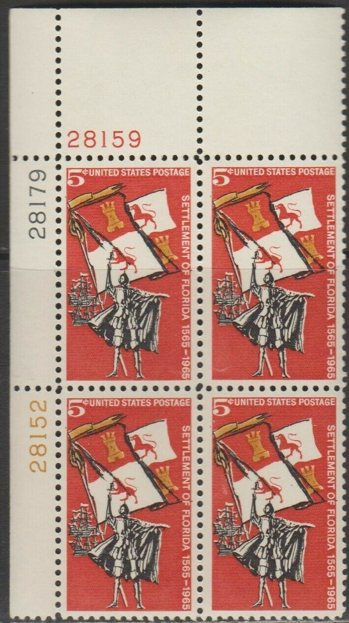 1965 Settlement Of Florida Plate Block Of 4 5c Postage Stamps - MNH, OG - Scott 1271`- CX249