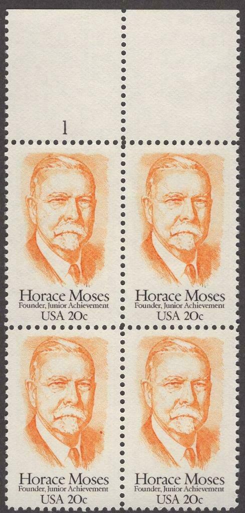 1984 Horace Moses Plate Block of 4 20c Postage Stamps - MNH, OG - Scott 2095