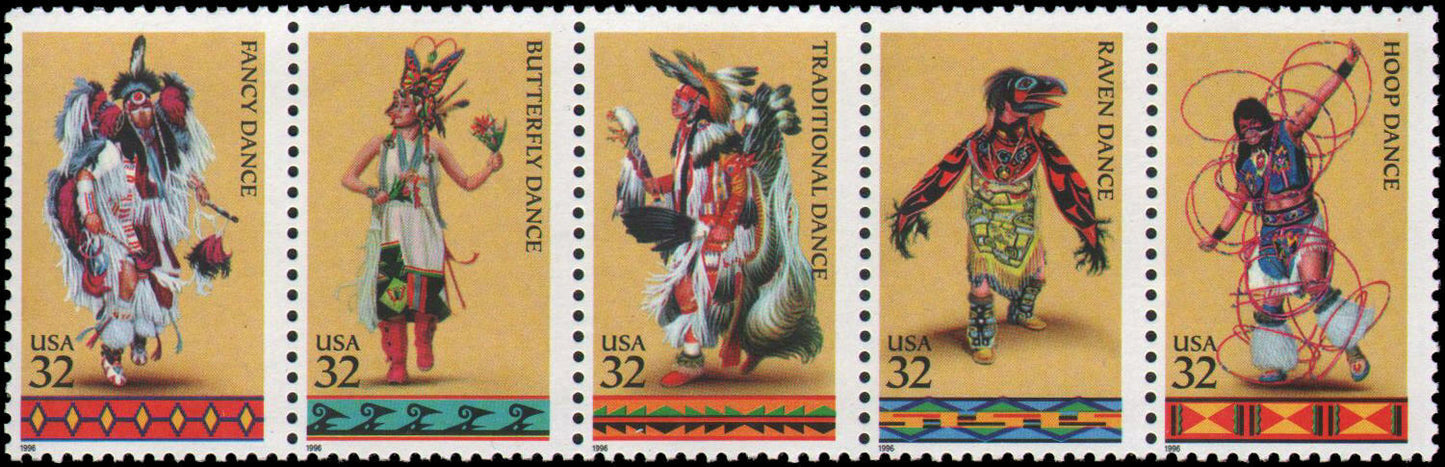 1996 Native American Indian Dances Strip Of 5 32c Postage Stamps Scott 3072-3076 - MNH, OG - CW265