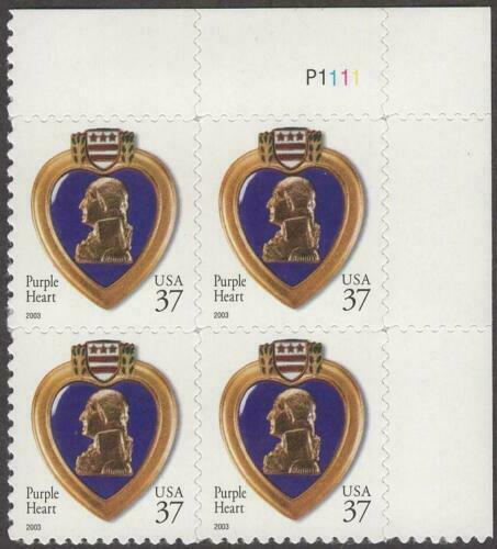 2003 Purple Heart Plate Block of 4 37c Postage Stamps - Scott - 3784 - MNH, OG - CX740
