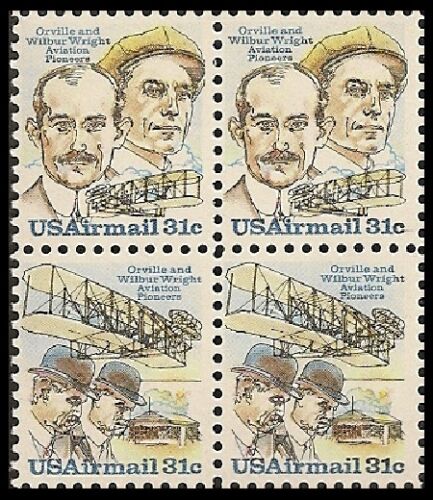 1978 Wright Bros Block of 4 31c Airmail Postage Stamps - Scott C91-C92 - MNH,OH
