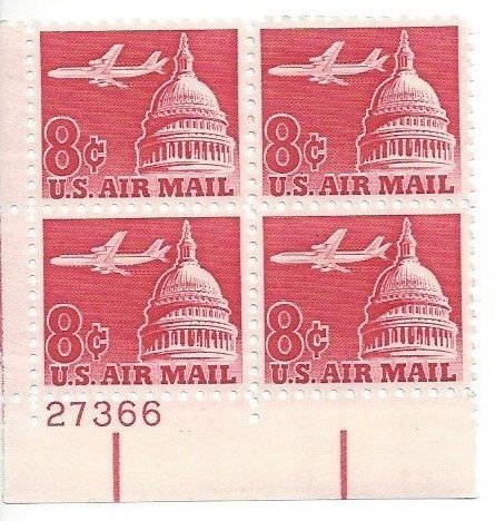 1962 Plane Over Capital Plate Block 0f 4 8c Airmail Postage Stamps - Scott C64 - MNH,OG