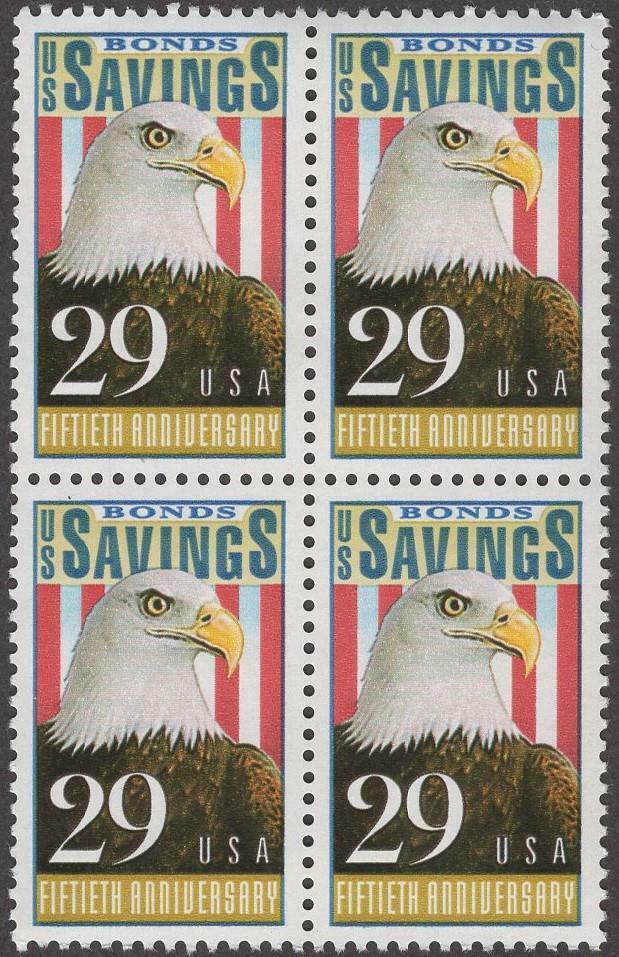 1991 Savings Bonds, 50th Anniv. Block of 4 29c Postage Stamps - MNH, OG - Scott 2534