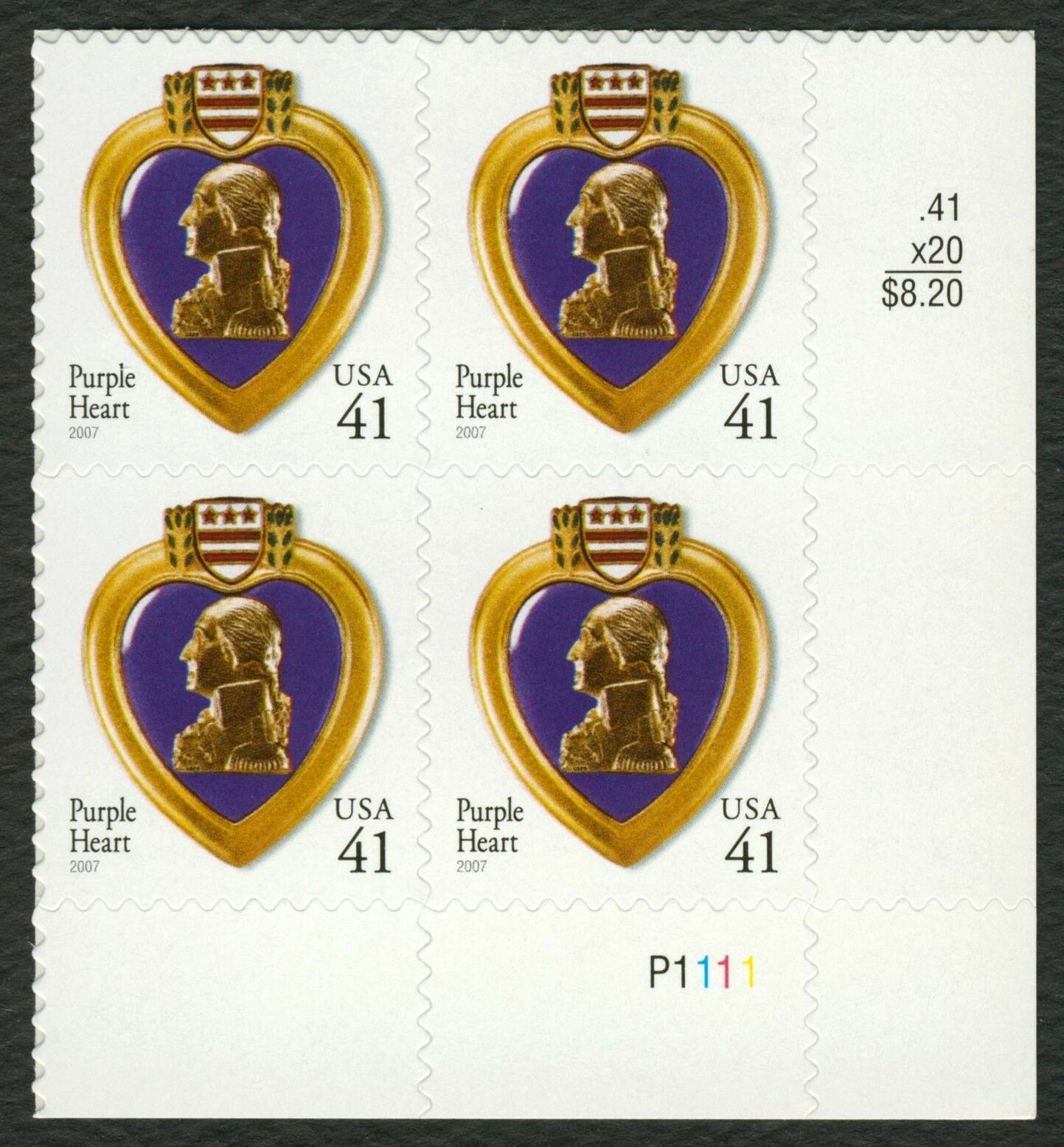 2007 Purple Heart Plate Block of 41c Postage Stamps - Scott 4164 - MNH, OG - DC105