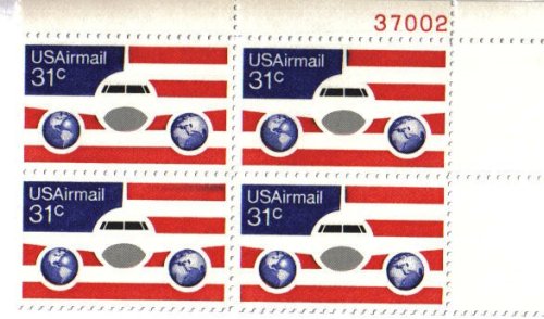 1976 PLANE, GLOBES & FLAG Plate Block of 4 31c Airmail Postage Stamps - Scott C90 - MNH,OG