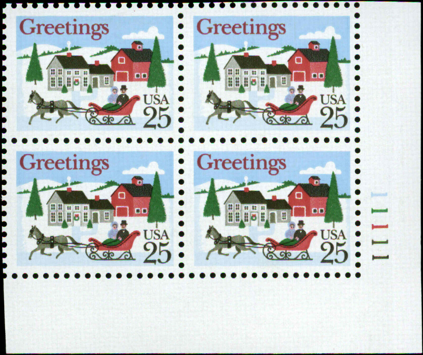 1988 Christmas Greetings Village Plate Block Of 4 25c Postage Stamps - Scott 2400 - MNH - CX808c